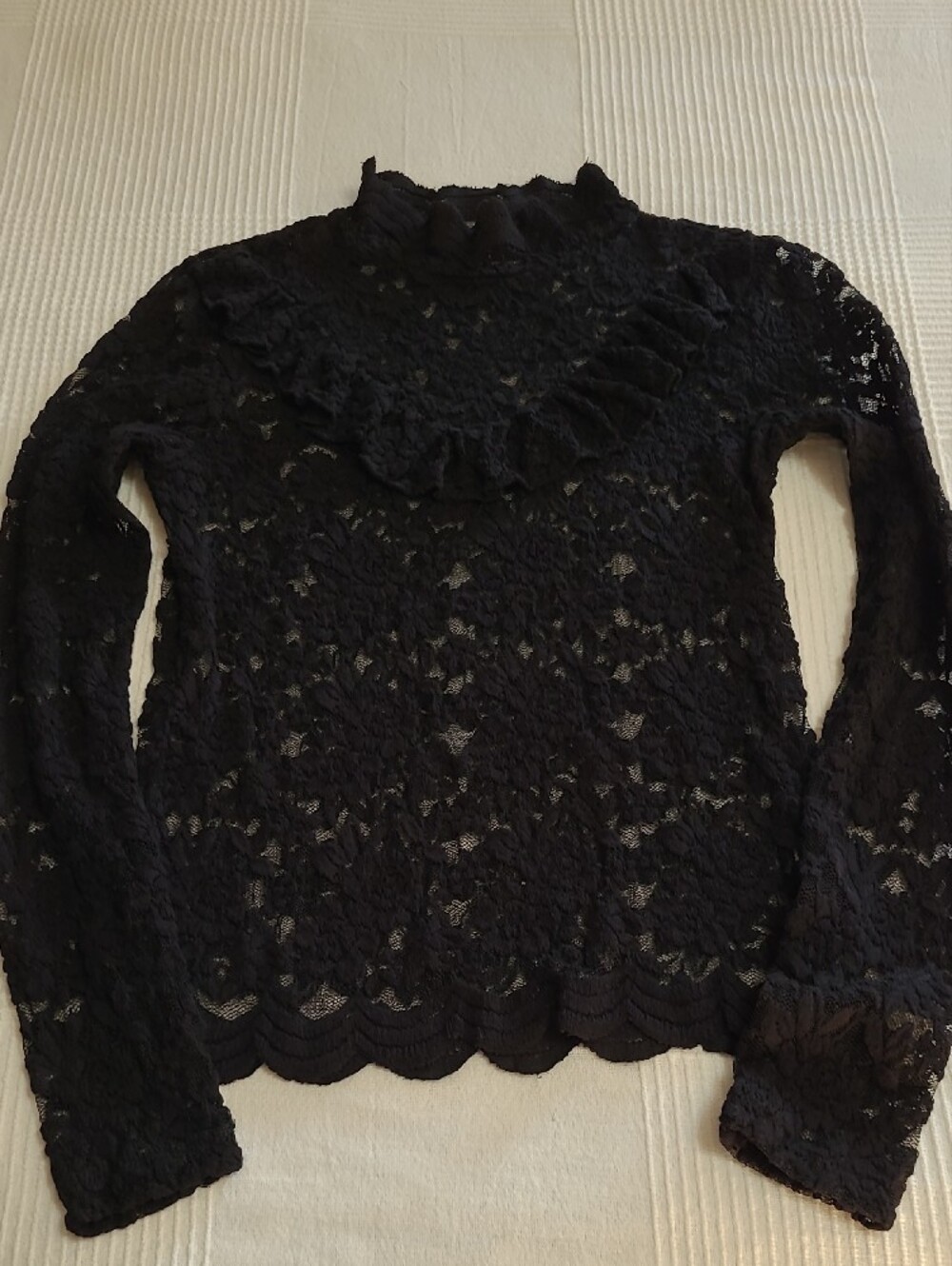 Black Sheer Floral Lace Mock Neck Ruffle V-Chest Blouse S